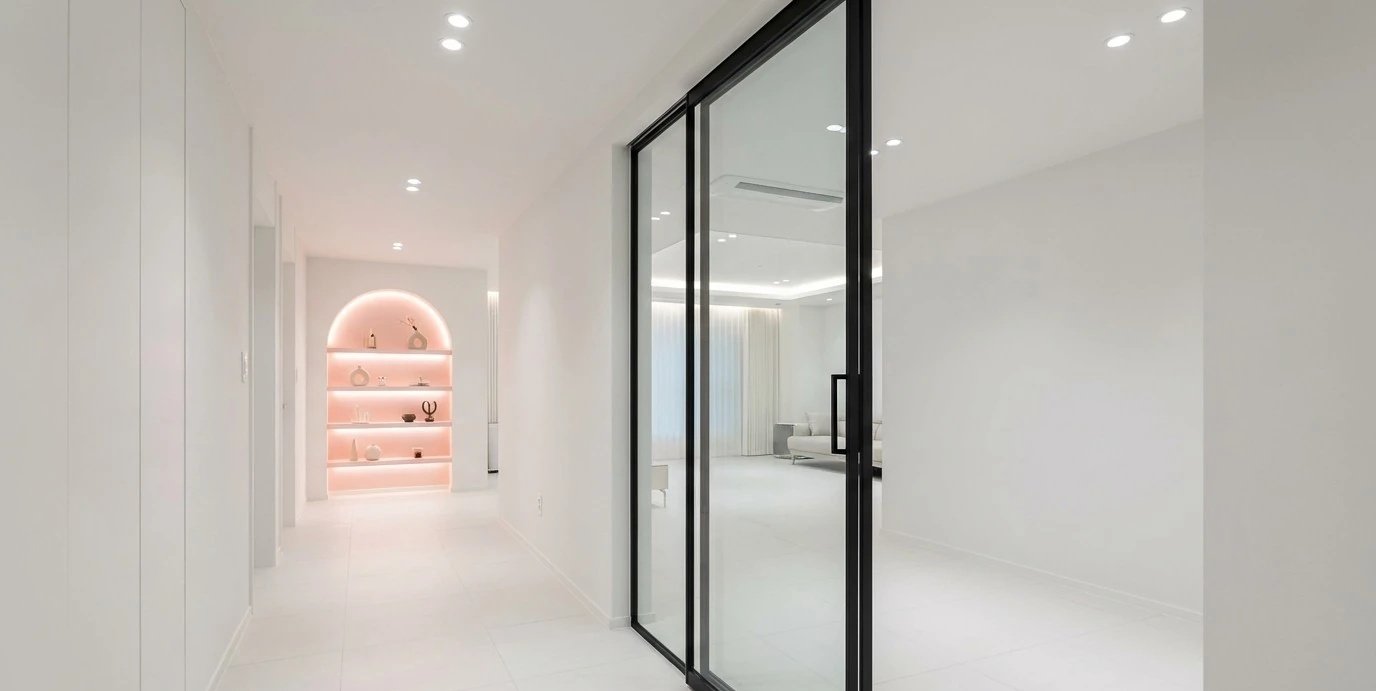 Korean apartment hallway arch niche shelf indirect lighting
